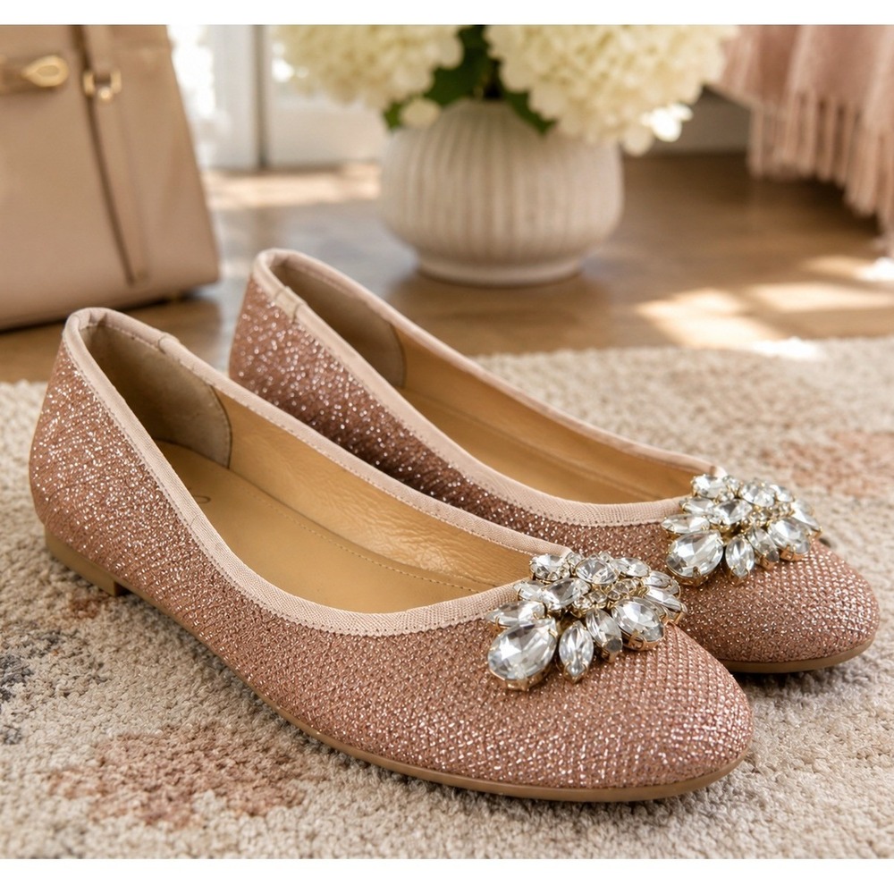 Jewel Badgley Mischka Brooch Cabella Ballet Flats Womens 7.5 Rose Gold Pink